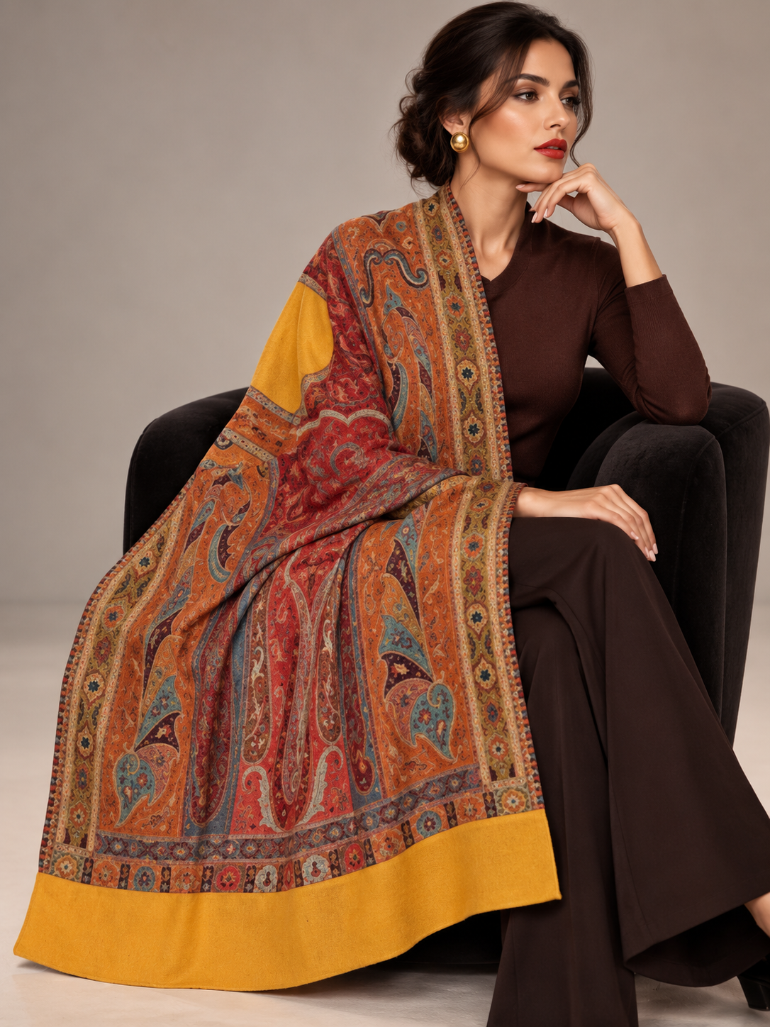 A woman seated in a dark armchair wearing a brown outfit and draped over her shoulder is a large patterned shawl or scarf with a mustard yellow border and a paisley design in rust red, orange, blue, and beige tones.