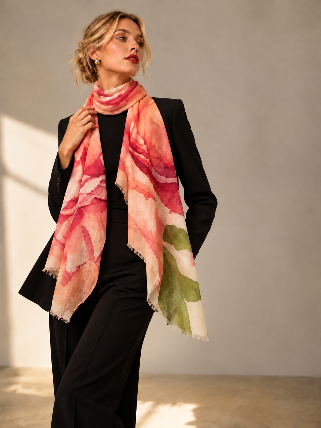 A woman models a lightweight, watercolor-patterned scarf in pink, peach, and green, styled over a black blazer and trousers in a minimalist studio setting.