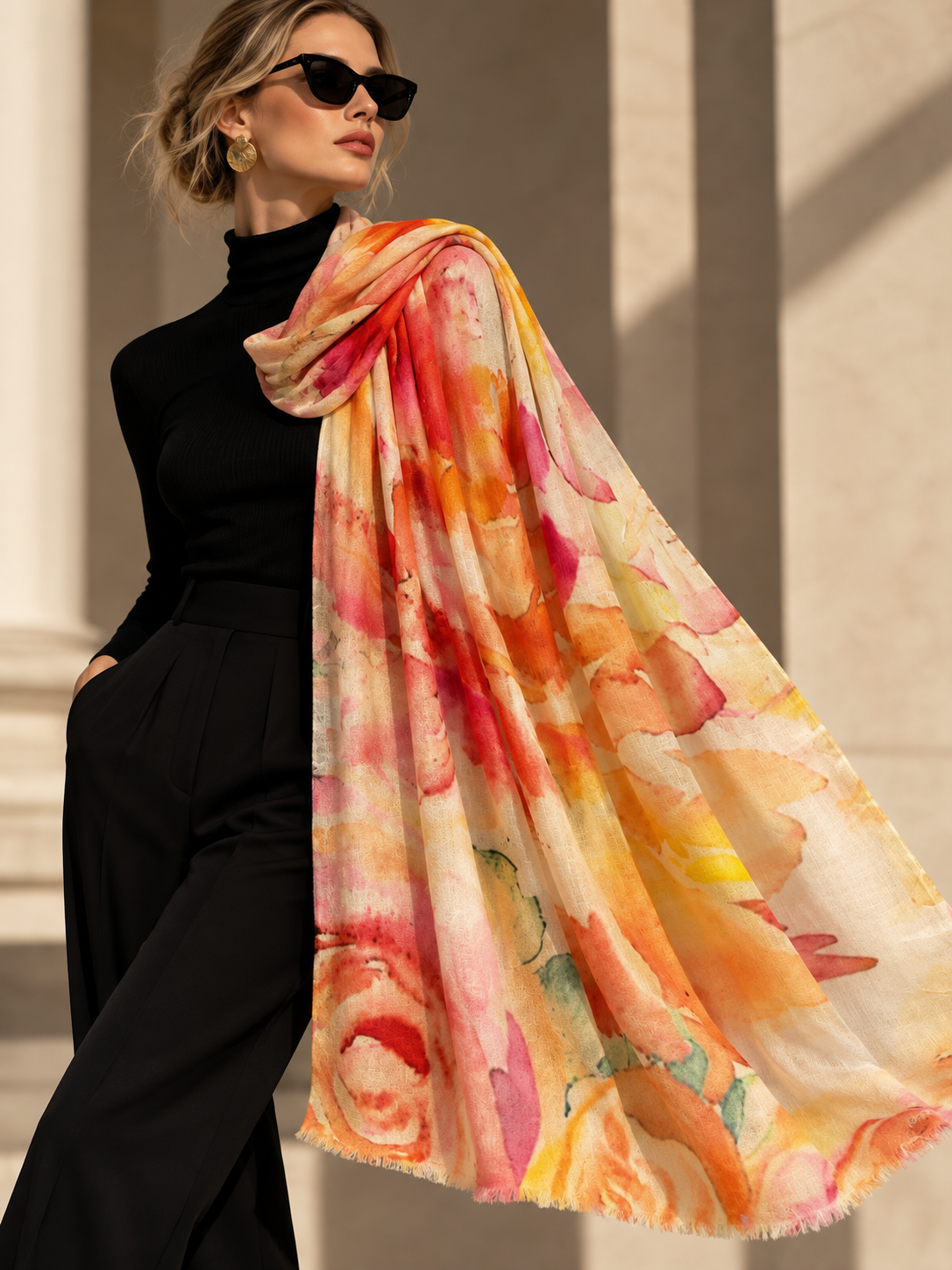 A woman wearing a black outfit and sunglasses drapes a lightweight floral scarf with watercolor-style orange, pink, yellow, and cream tones over her shoulder in an outdoor architectural setting.