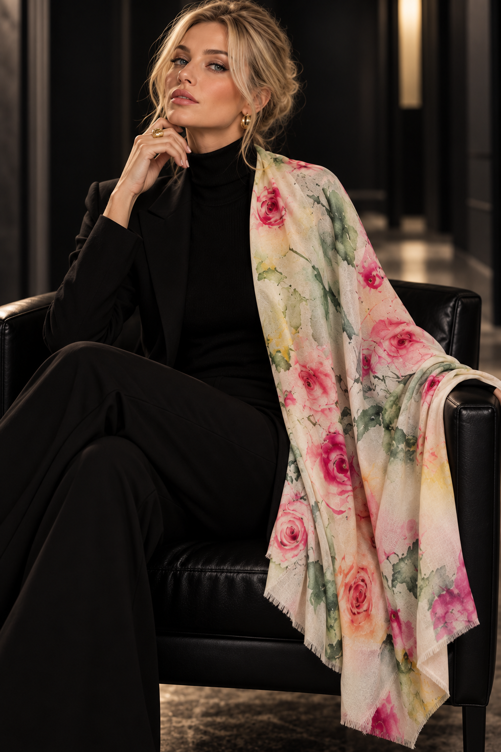 A woman in a black outfit sits in a black leather chair, draped with a large cream-colored scarf featuring a watercolor-style pink and red rose pattern with green leaves.