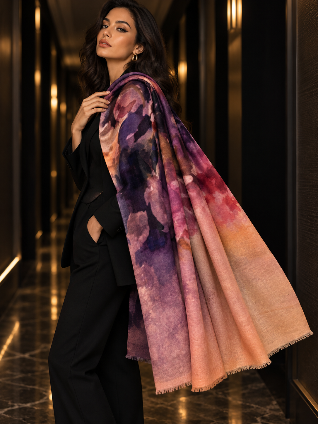 A woman in a black suit carries a large watercolor-print scarf draped over her shoulder in a dimly lit hallway. The scarf features a gradient of purple, pink, and peach tones with a soft fringed edge.