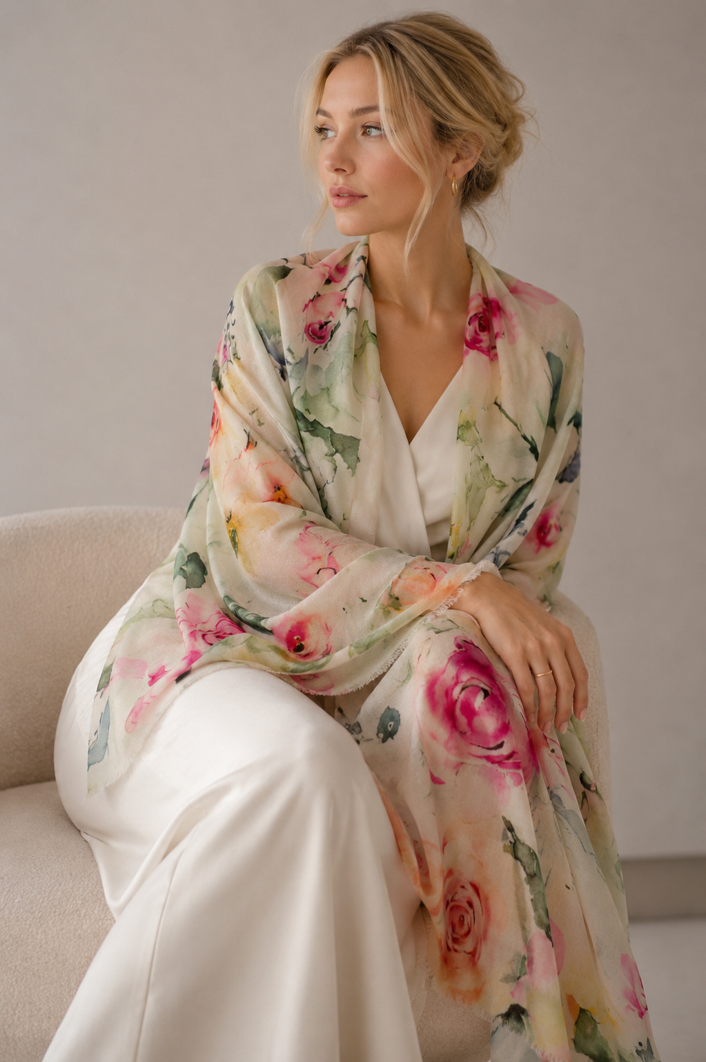 A woman seated on a beige sofa wearing a sheer floral robe draped over a white satin dress. The robe features large watercolor-style pink and red flowers with green leaves on a light cream background.