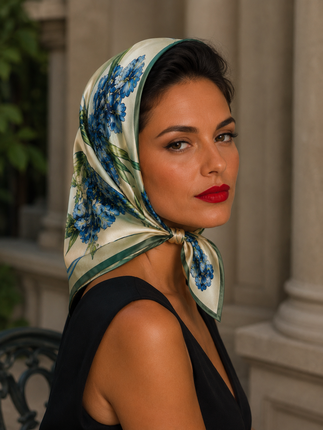A woman wearing a cream-colored silk headscarf with a blue floral pattern and green border, styled in a side knot. She is wearing a black sleeveless top, posed in front of a classical stone column background.
