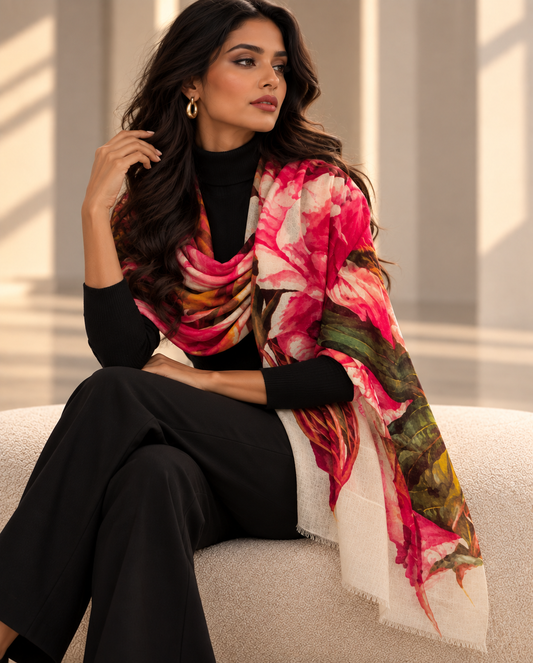 A woman sits on a light beige sofa wearing a black outfit and a large floral shawl with pink, red, green, yellow, and white tones. She is posed in a softly lit indoor setting with neutral-toned walls and window shadows.