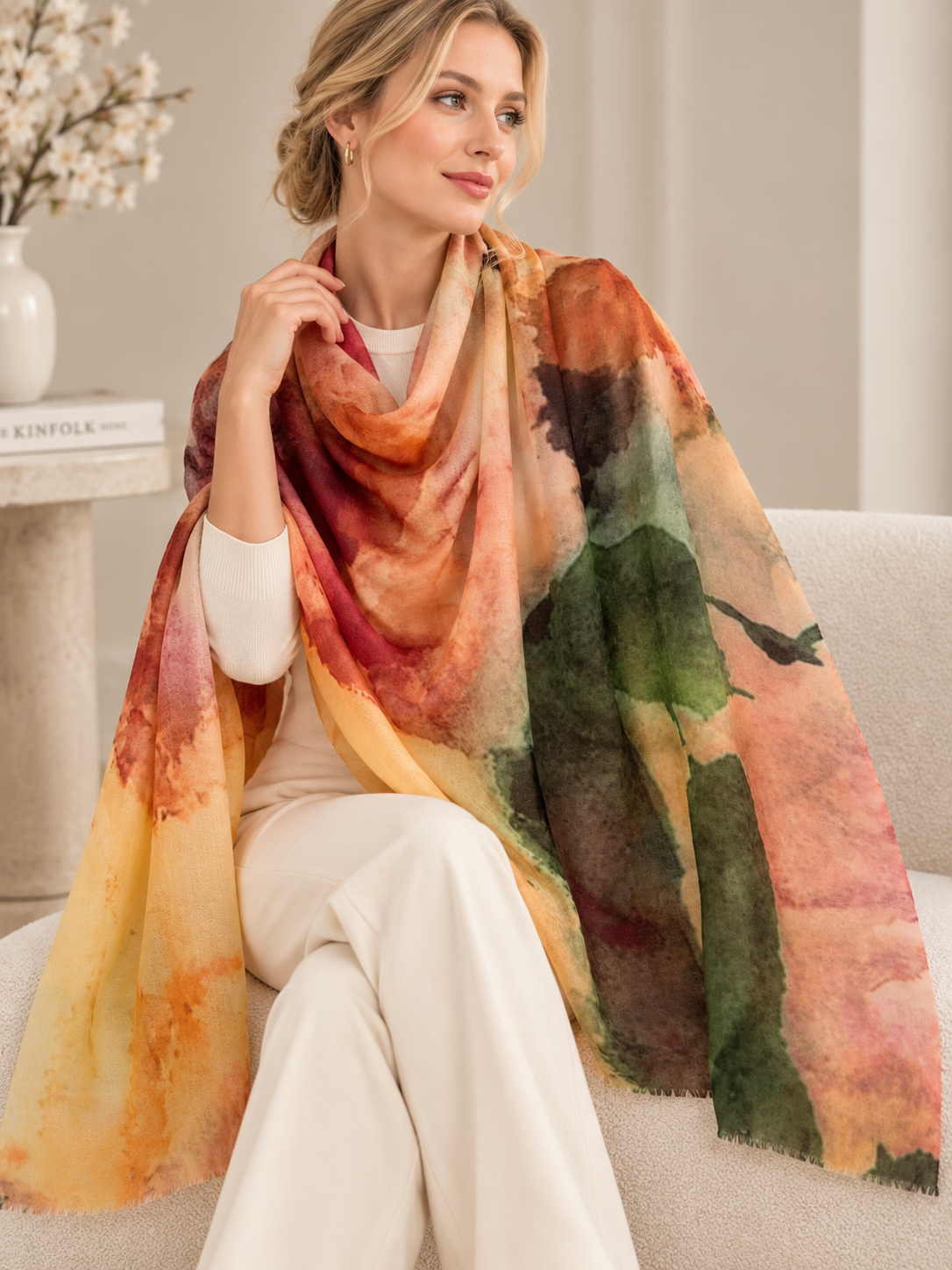 A woman seated on a light beige sofa wearing a large lightweight scarf with a watercolor-style abstract print in orange, yellow, pink, red, and green tones.