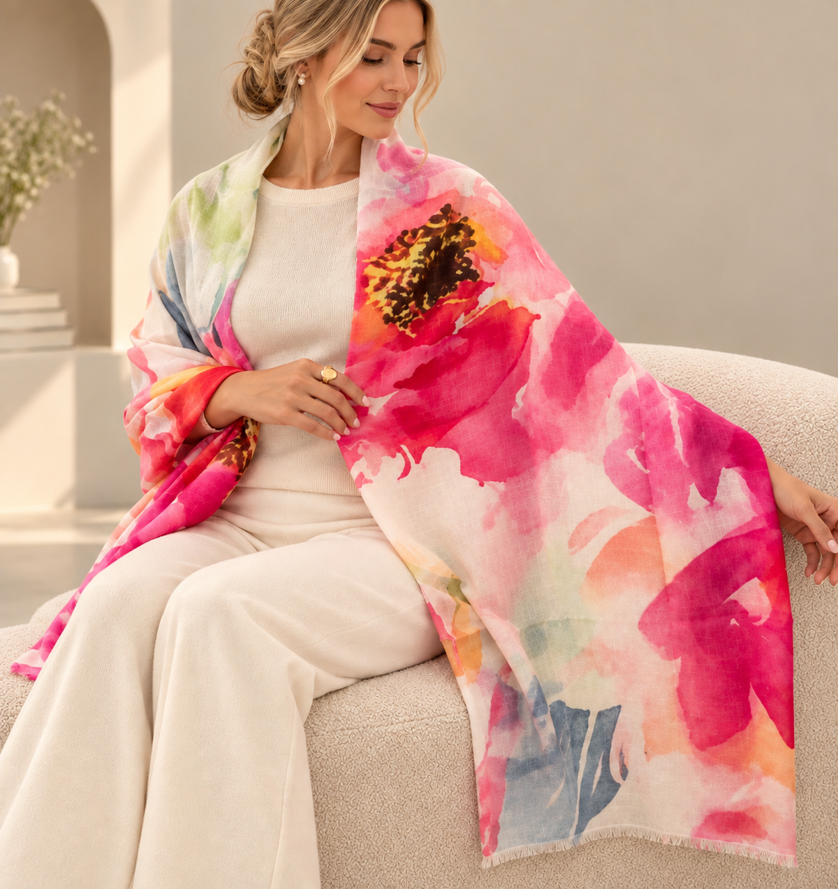 A woman seated on a beige sofa wearing a white outfit and draped in a large watercolor-style shawl with bright pink, coral, orange, blue, and green tones.