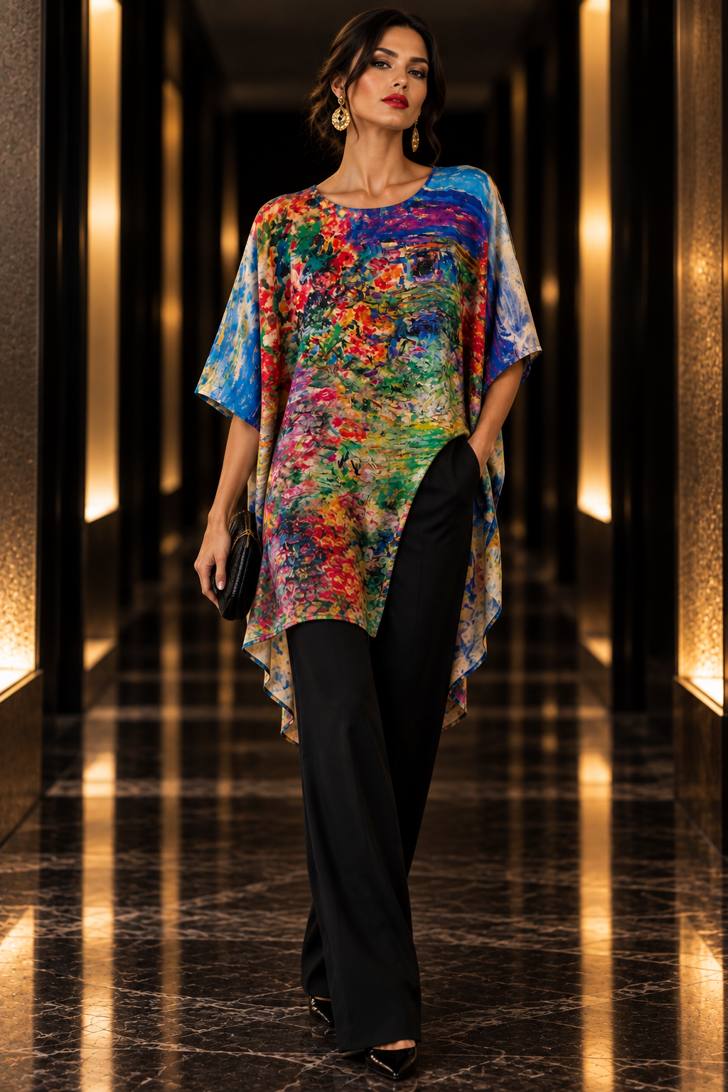 A woman walks down a polished marble hallway wearing a vibrant, multicolored abstract print tunic top with black wide-leg trousers.