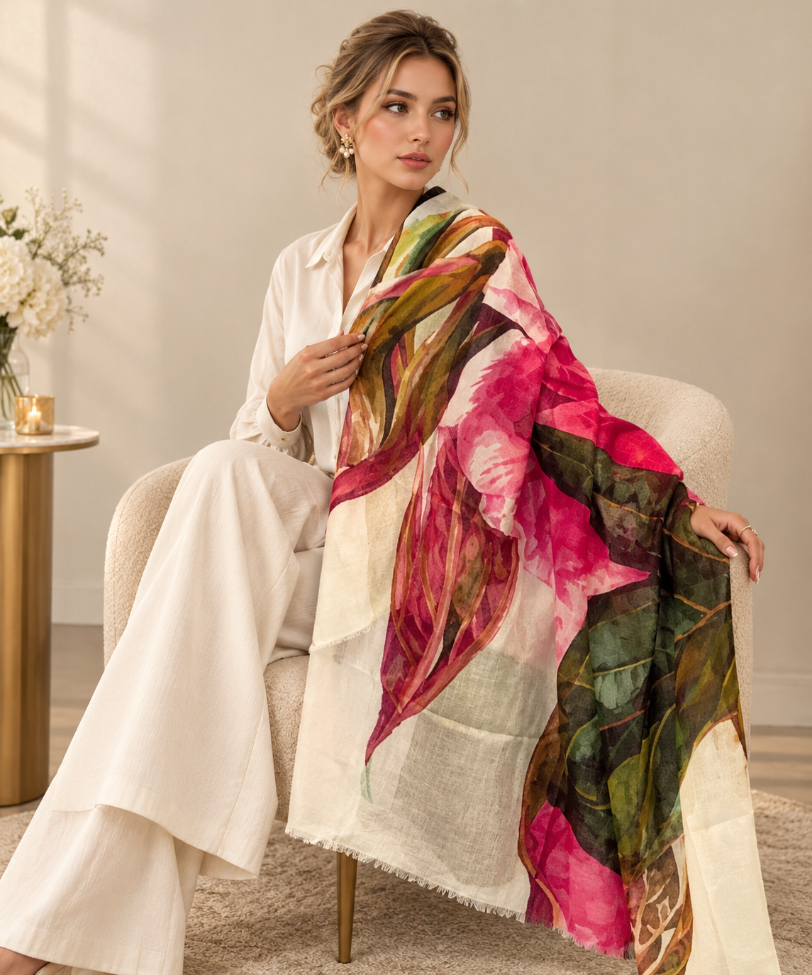 A woman seated in a cream upholstered chair holds a large lightweight scarf draped over her lap. The scarf has a botanical print with large leaves and floral shapes in pink, green, olive, and cream, while she wears a white shirt and wide-leg white pants in a softly lit indoor setting.