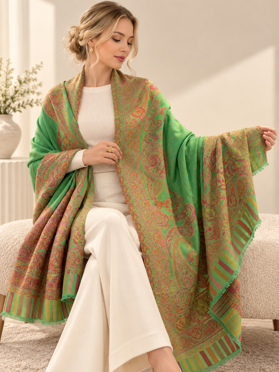 A woman seated indoors wearing a bright green shawl with ornate peach and gold paisley patterns over a white ribbed top and white wide-leg pants.