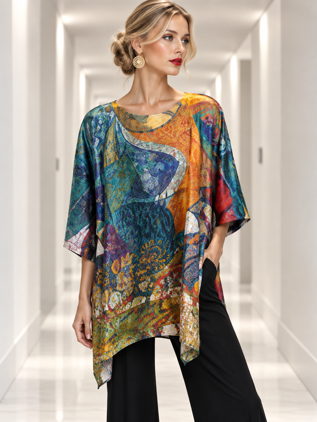A woman stands in a bright hallway wearing a loose, short-sleeve tunic top with a vivid abstract multicolor print in blue, orange, yellow, green, and red, paired with black pants.