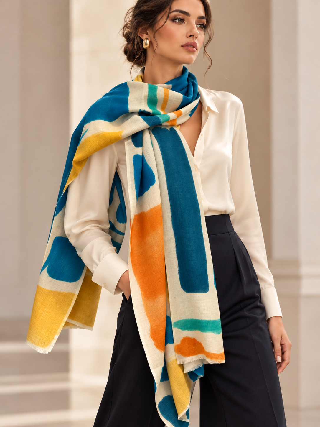 A multi colour cashmere scarf worn by a model