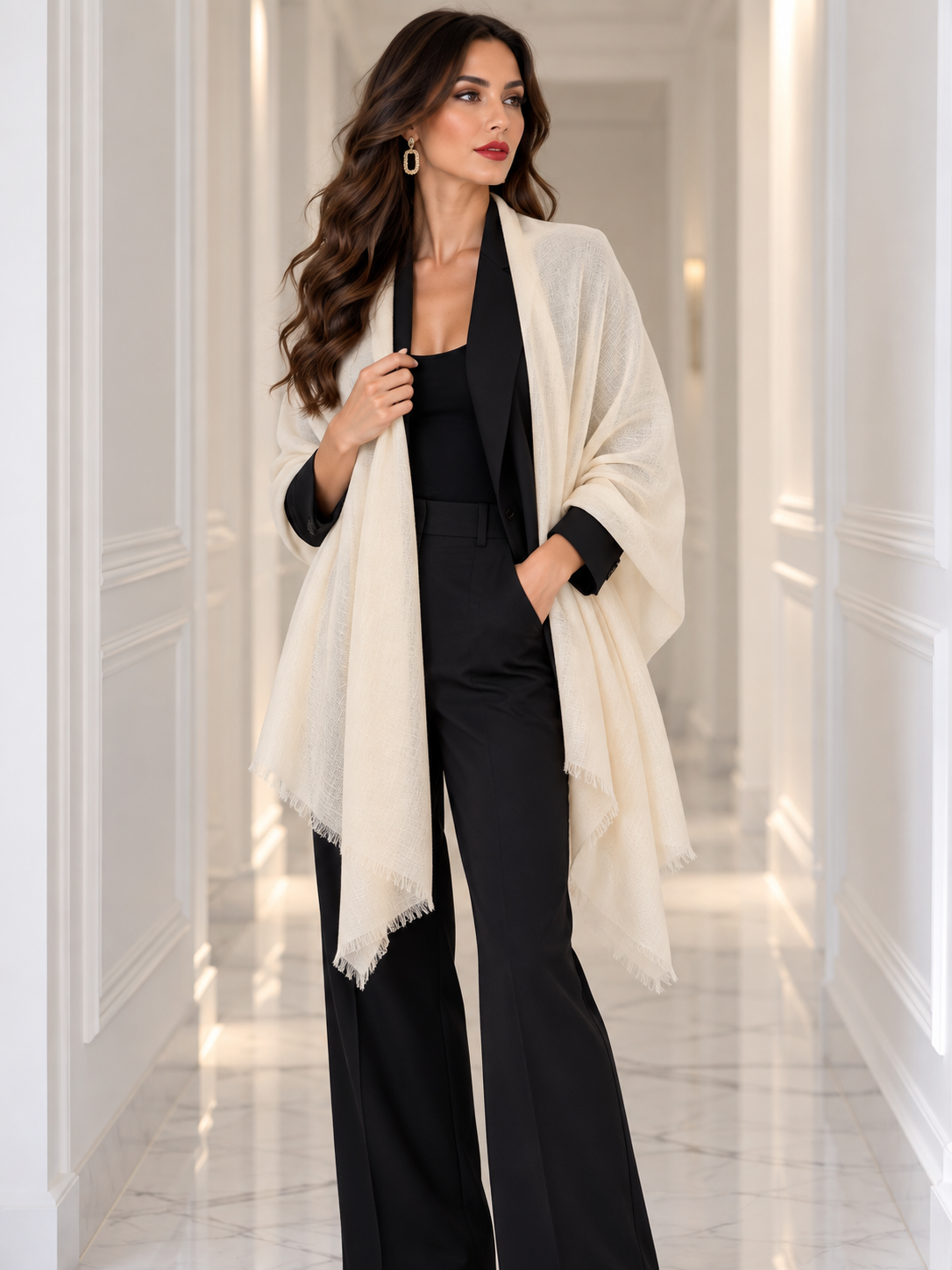 A woman stands in a bright white hallway wearing a black jumpsuit and a cream-colored shawl draped over her shoulders.