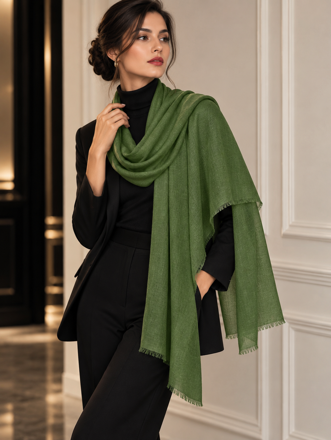 A woman models a lightweight olive green shawl with fringed edges, draped over her shoulders and around her neck, paired with a black turtleneck, blazer, and trousers, set against an elegant cream-colored paneled wall.
