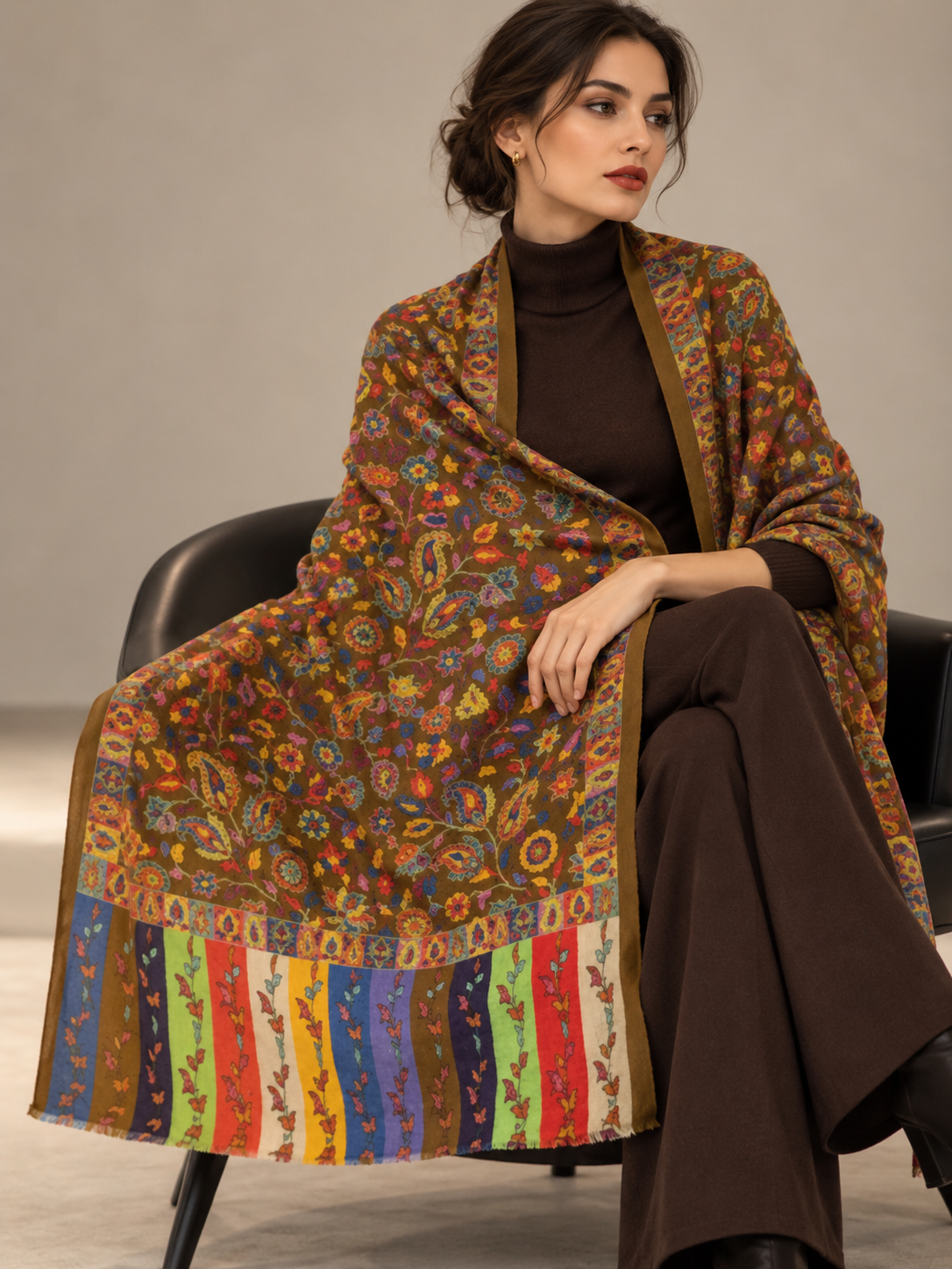 A woman seated in a dark chair wearing a large multicolored patterned shawl draped over her shoulders, paired with a dark brown turtleneck and wide-leg pants, against a neutral studio background.