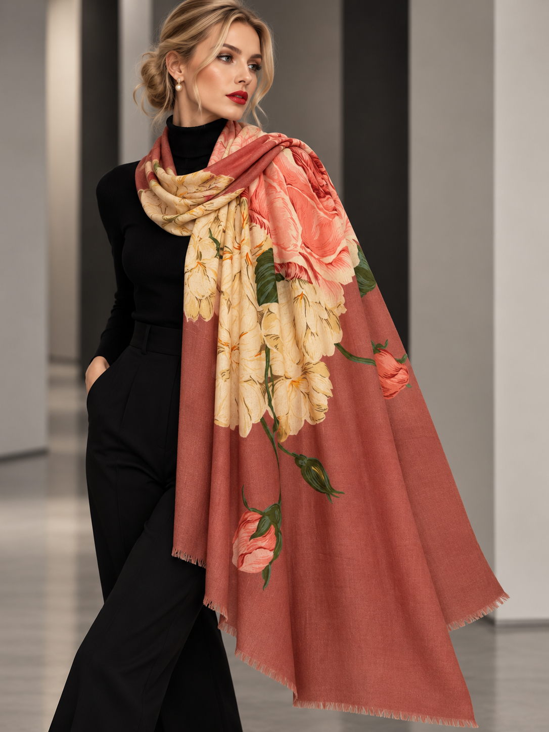 A woman modeling a large floral scarf with peach, cream, and green tones, styled over a black outfit in a minimalist indoor setting.