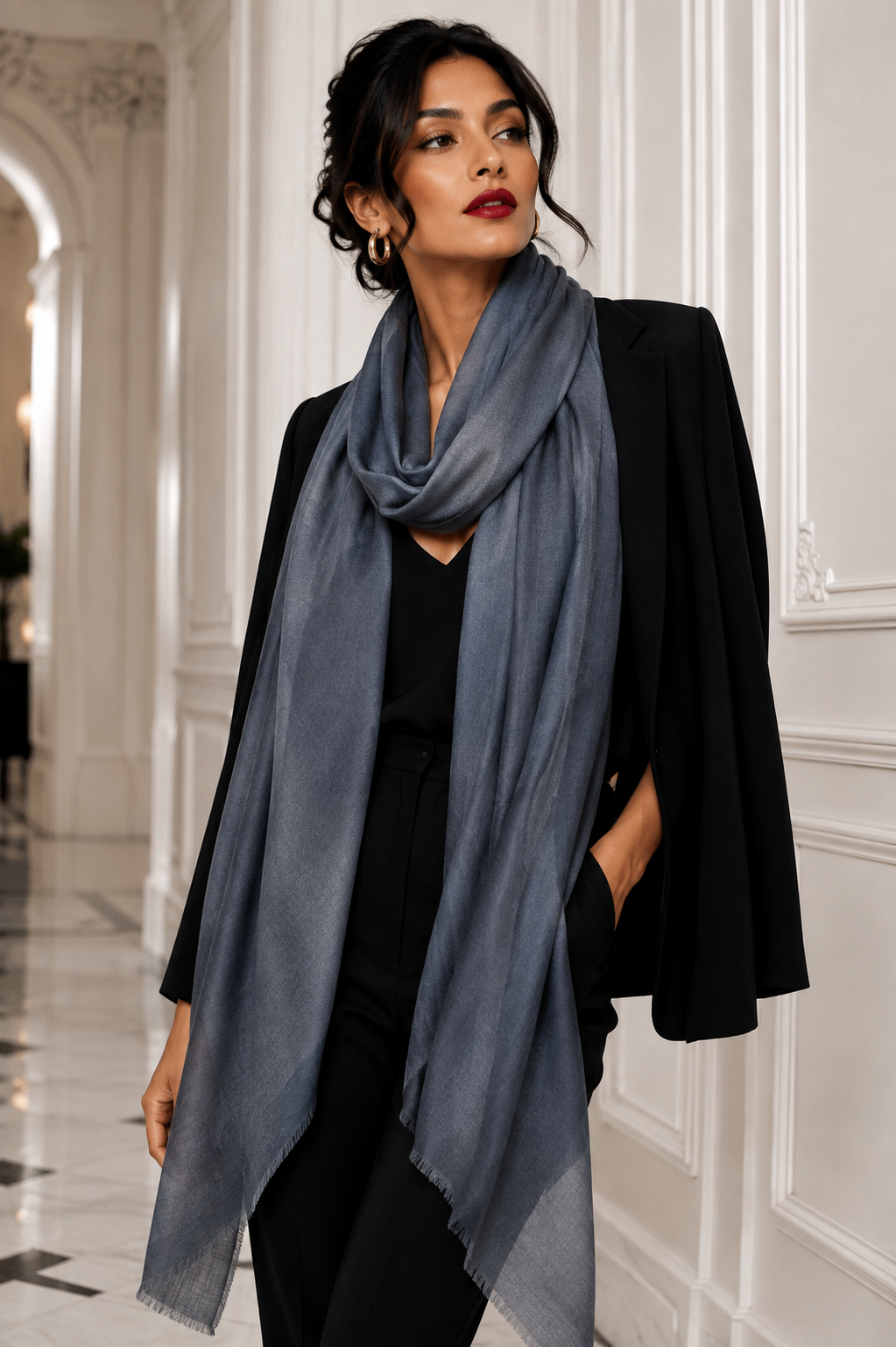 Steel gray cashmere hand loomed shawl