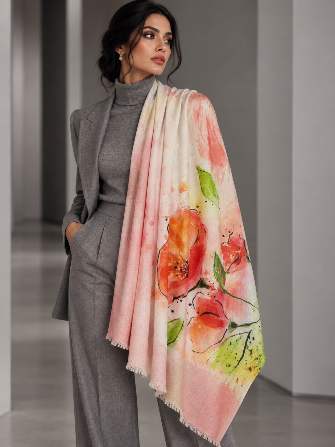 A woman wearing a gray turtleneck and matching pants, draped in a large light pink scarf with a watercolor floral print in red, orange, and green, standing in a minimalist gray hallway.