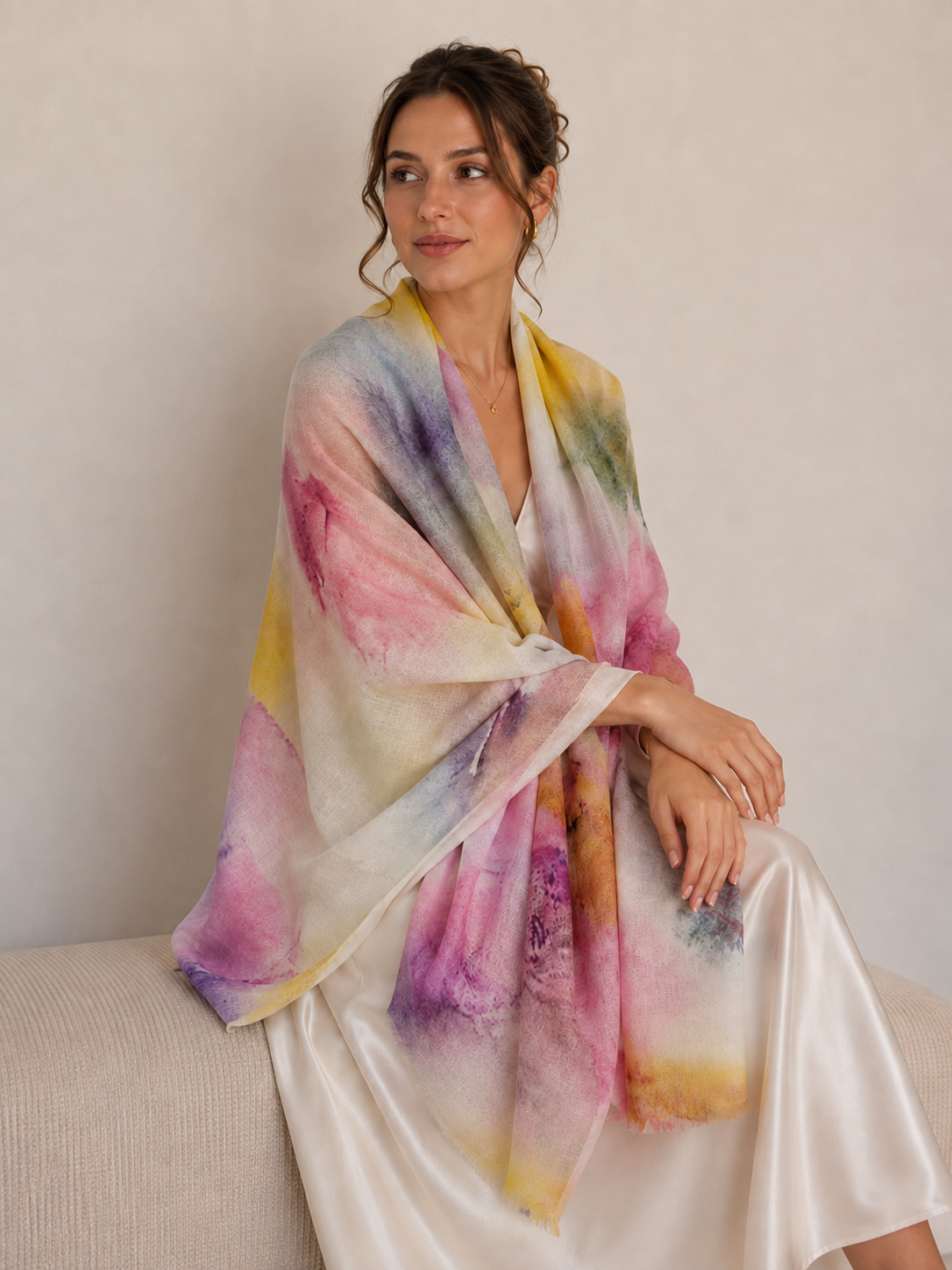 A woman sits on a beige sofa wearing a large floral shawl draped over her shoulders. The shawl features a painterly watercolor design in muted tones of gray, pink, beige, and dark green.
