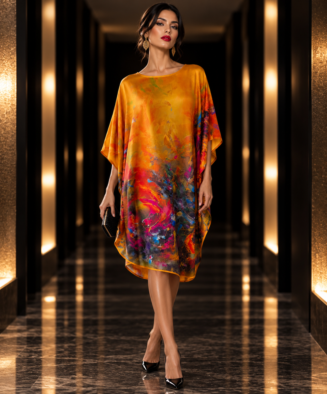 A woman models a vibrant, flowing kaftan dress with a yellow-orange base and a colorful abstract watercolor print in red, blue, pink, and purple. She is walking down a modern hallway with warm lighting and dark marble floors.