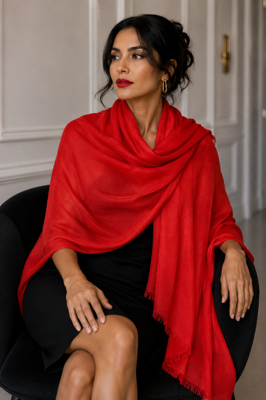 A model wearing a red cashmere shawl in featherweight light cashmere