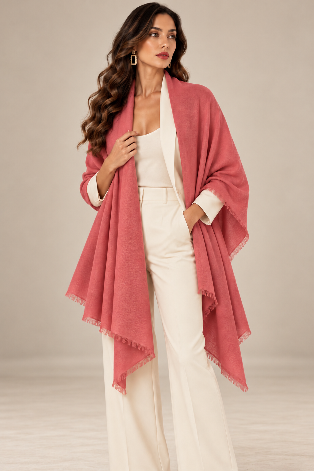 A woman models a dusty rose pink shawl with fringed edges over a white jumpsuit, set against a neutral beige studio background.