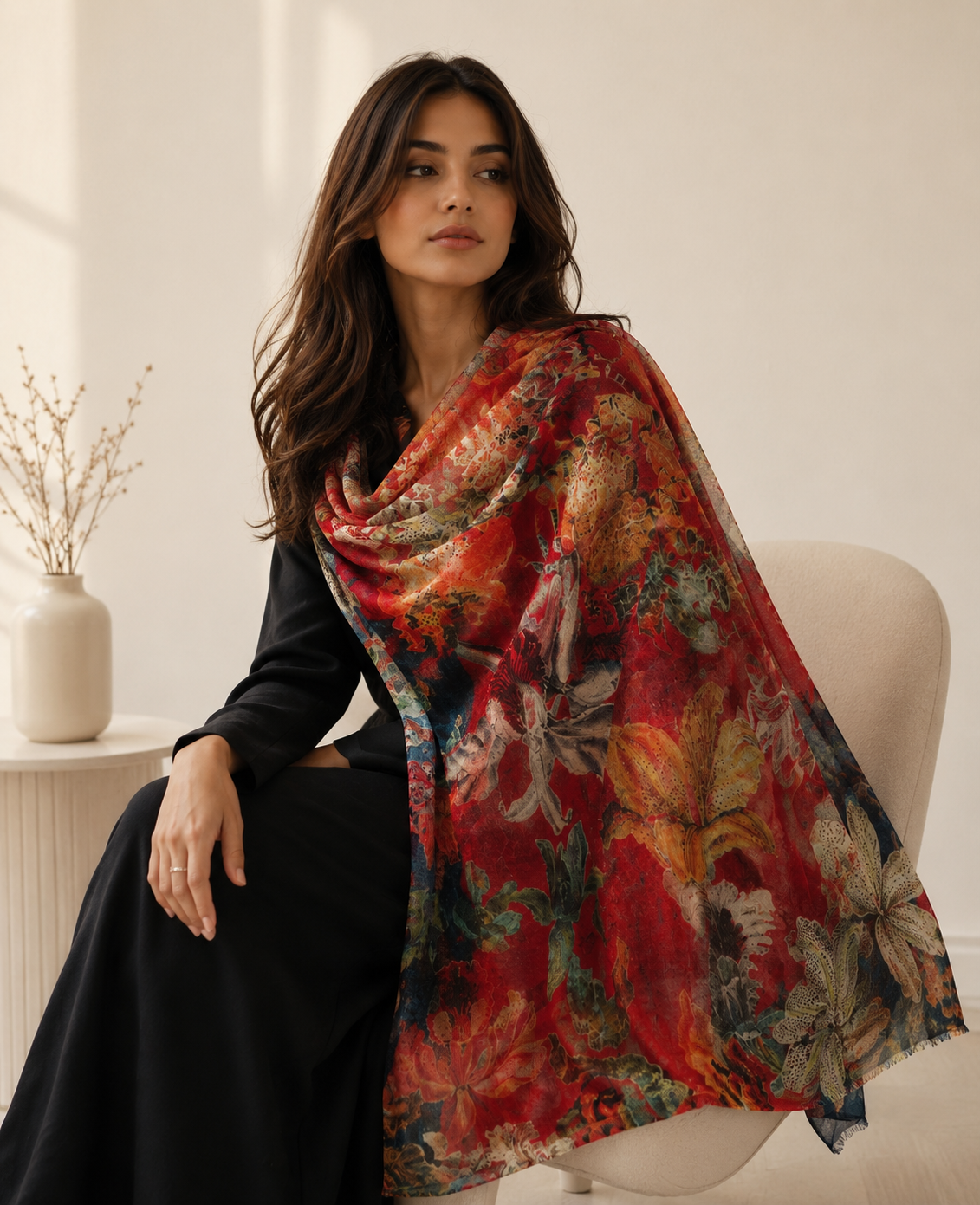 Floral scarf in red tones