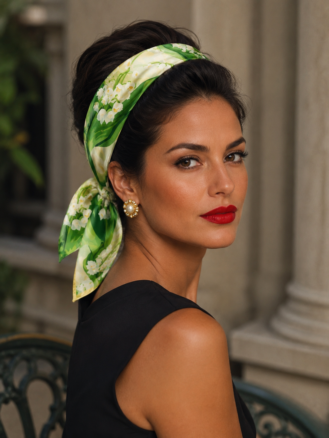 A woman wearing a green and white lily of the valley floral silk headband, styled in her hair with a black sleeveless top, posed in front of a classical stone column background.