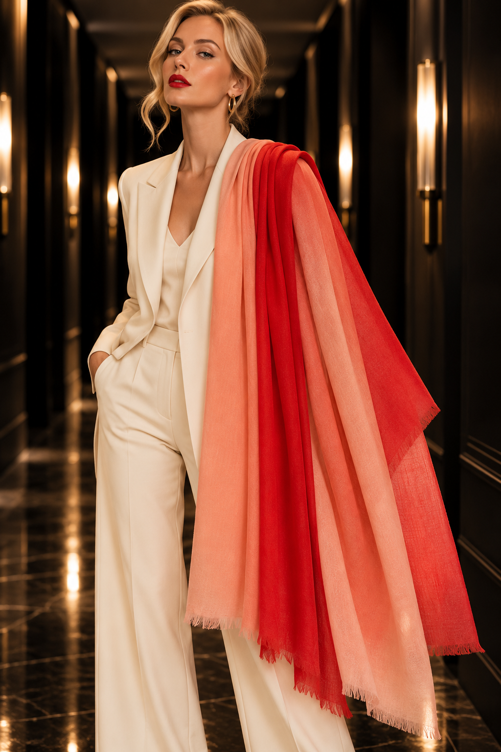 A woman in a white blazer and wide-leg trousers stands in a dark hallway, draped with a large gradient scarf transitioning from peach to coral and red.