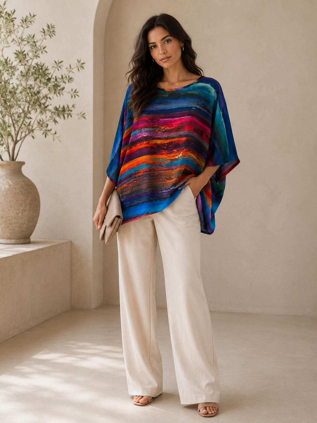 "Printed silk tunic with bold horizontal brushstroke print in cobalt, magenta, orange, and teal — oversized batwing silhouette, full-length editorial shot styled with wide-leg cream trousers"