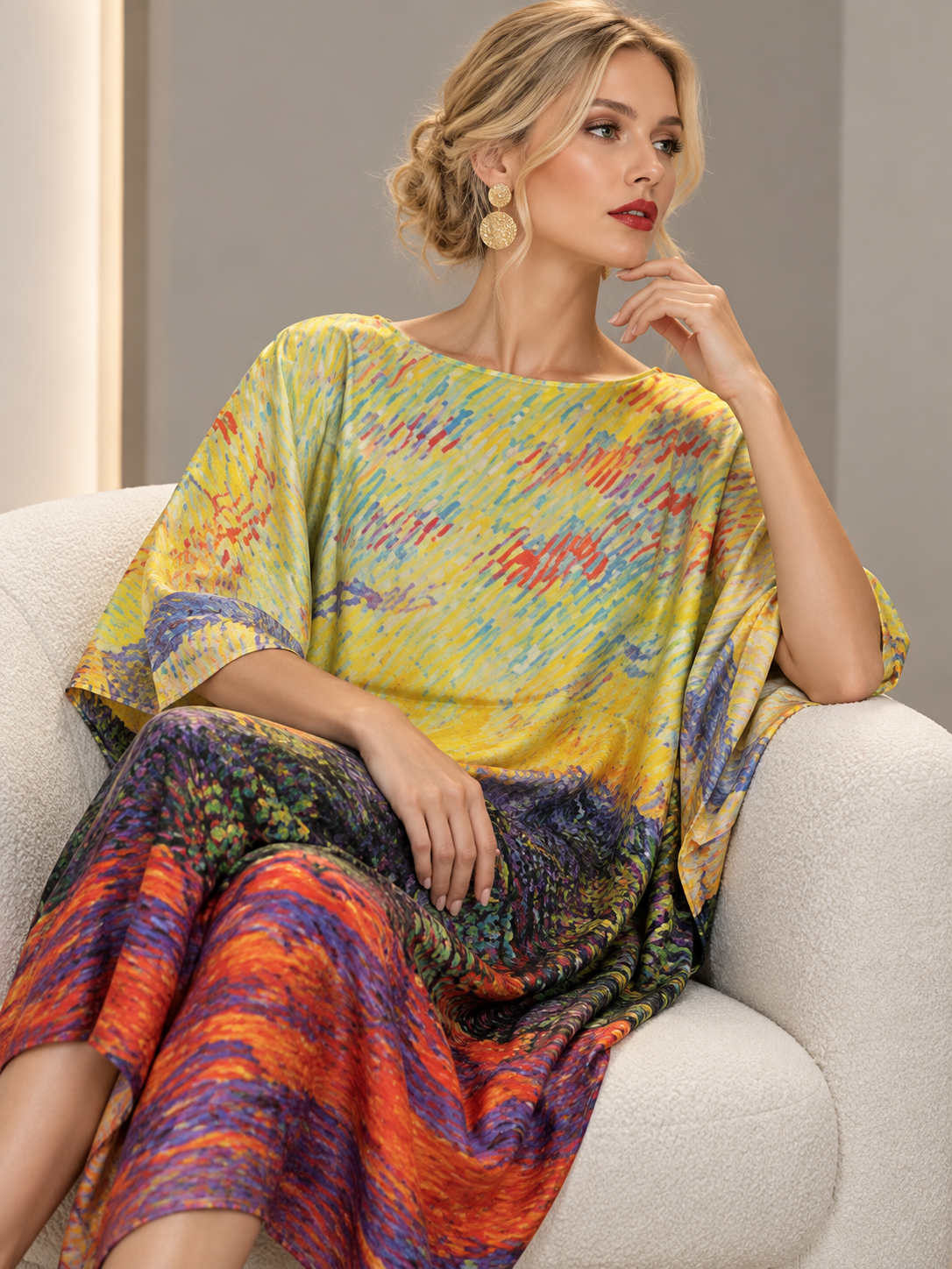 A woman seated on a light beige armchair wearing a loose, draped tunic-style dress with a vivid abstract multicolor print. The garment features a yellow upper section blending into orange, red, purple, blue, and green lower sections.
