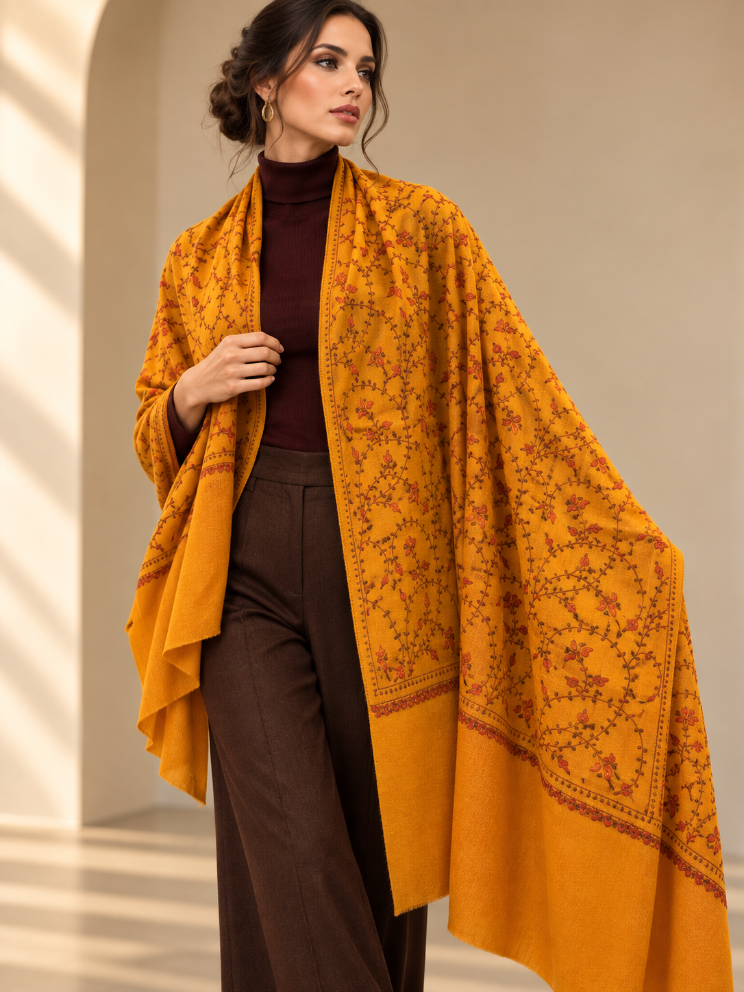 Model wearing a beautiful Kashmiri shawl hand embroidered