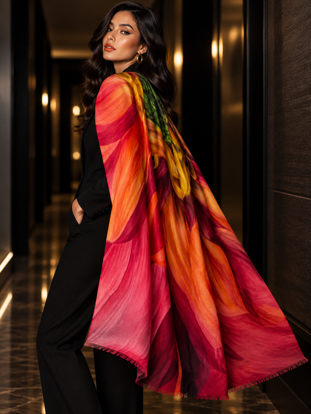 A woman in a black outfit models a vibrant, multicolored abstract print scarf draped over her shoulders in a dimly lit hallway.