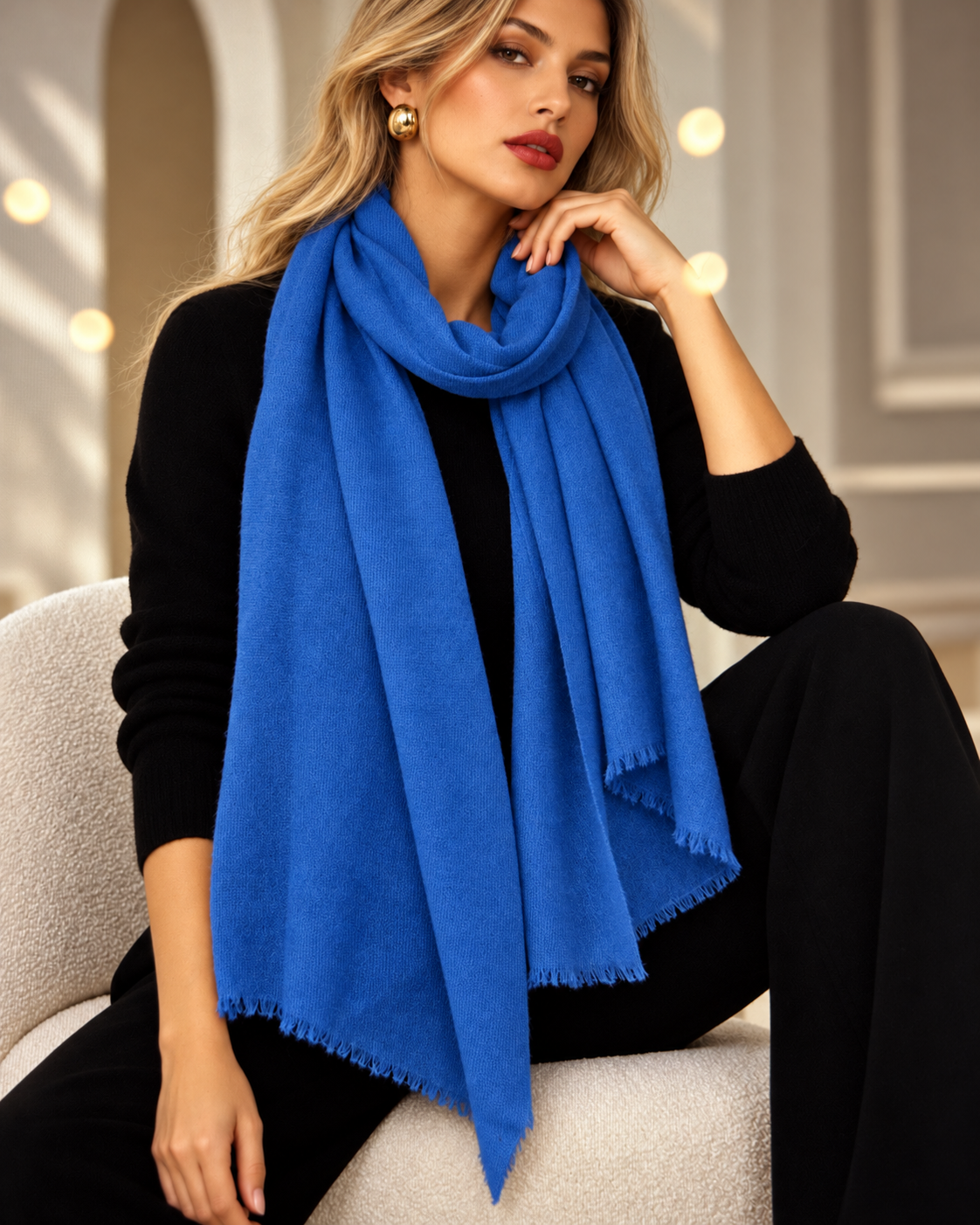 A woman wearing a bright royal blue scarf draped over her shoulders, paired with a black top and black pants, sitting on a light-colored armchair in a softly lit indoor setting.