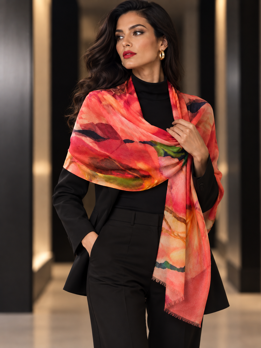 A woman models a lightweight, watercolor-style printed scarf in vibrant shades of coral, pink, orange, and green, styled over a black turtleneck and black pants.