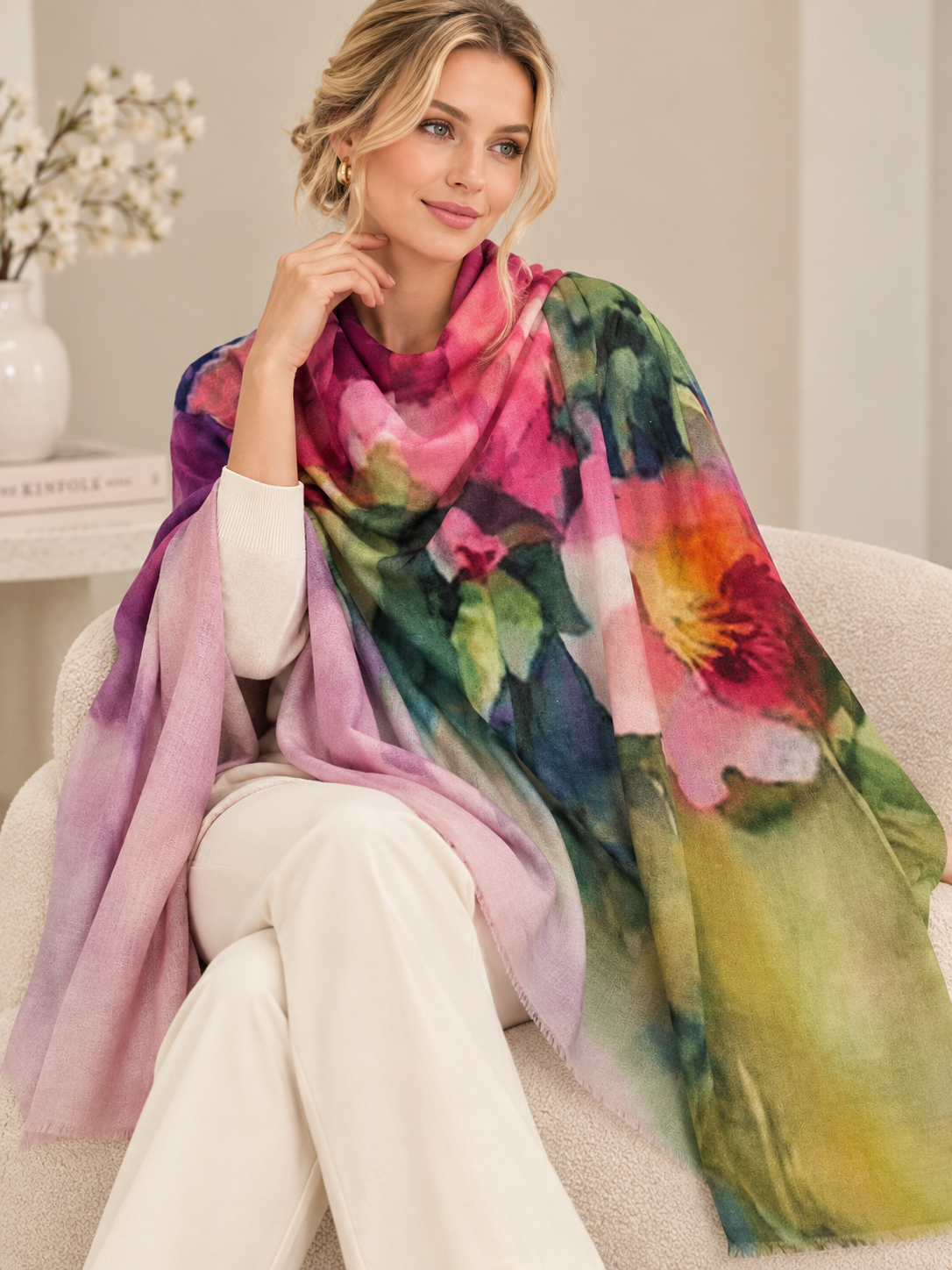 A woman seated on a light beige sofa wearing a large, lightweight floral shawl with watercolor-style pink, purple, green, blue, and yellow tones over a white outfit.
