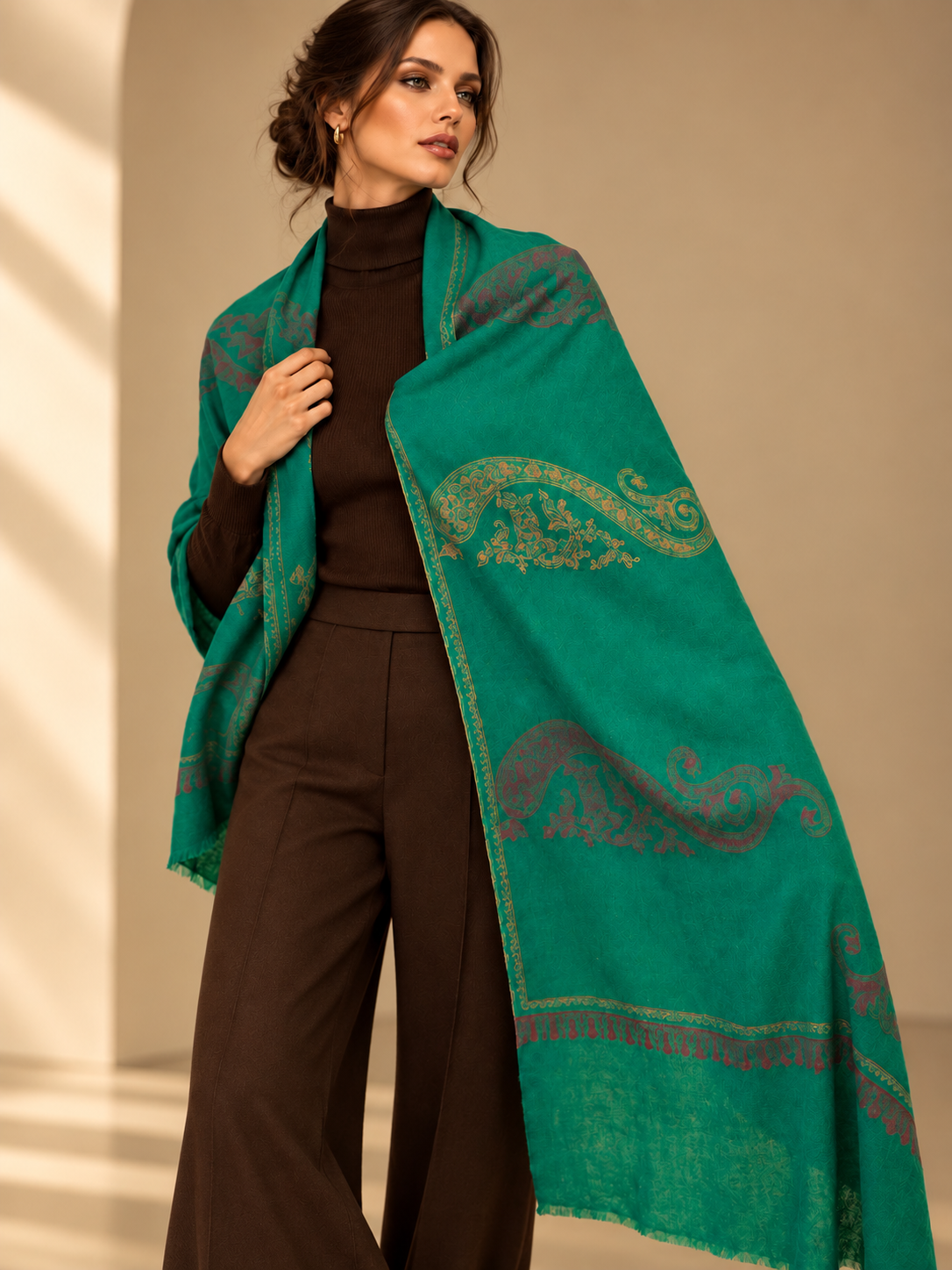 A lovely green embroidered Kashmiri shawl