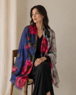 "Petal & Loom scarf with oversized painterly rose print in cobalt blue and deep fuchsia — worn as a shawl wrap over black dress, seated