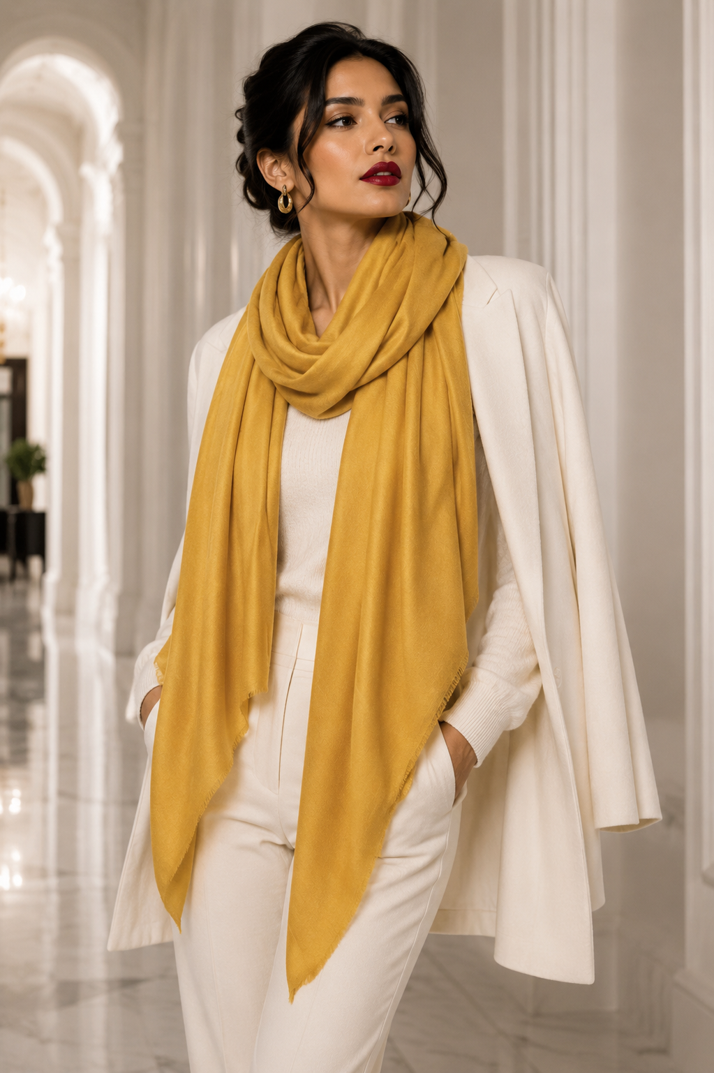 Handwoven lightweight cashmere shawl worn over a cream outfit