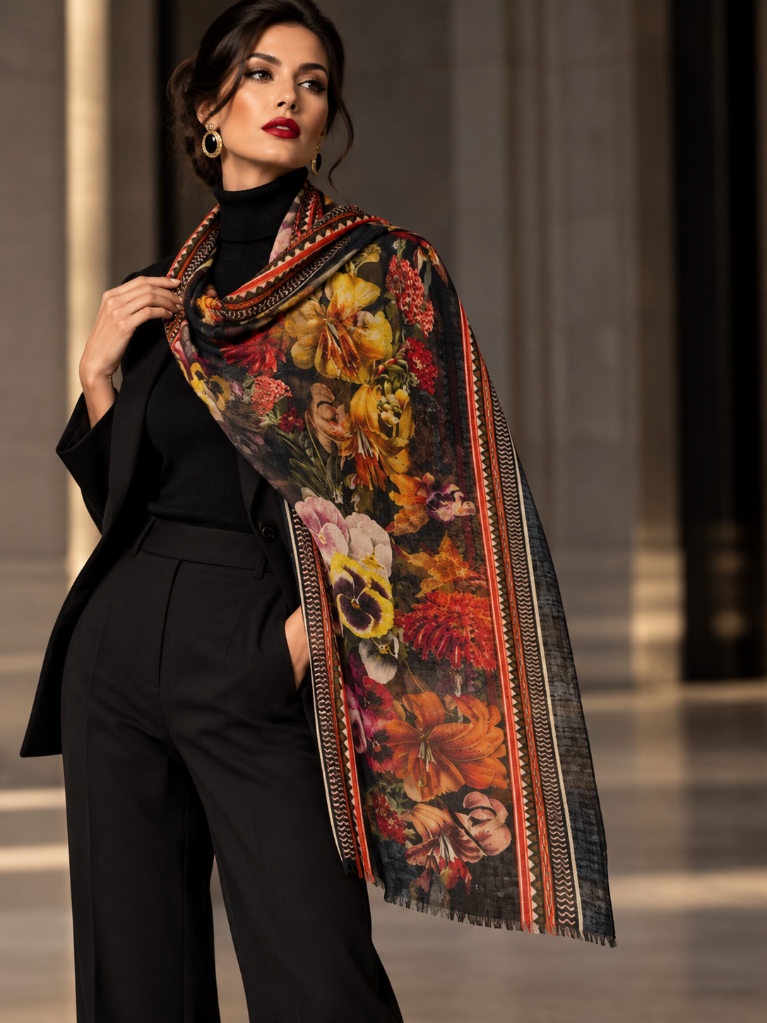 A woman models a long, wide scarf with a vibrant multicolor floral print and geometric borders, styled over a black outfit in an elegant indoor setting.