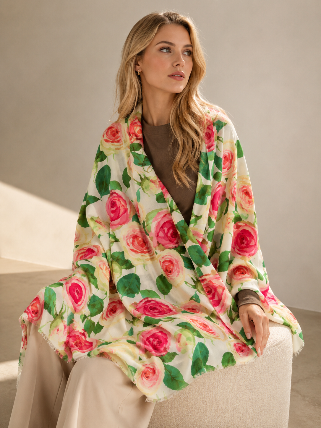 A woman seated indoors wearing a lightweight cream shawl or wrap with a large pink and red rose print and green leaves, layered over a brown top and light beige pants.