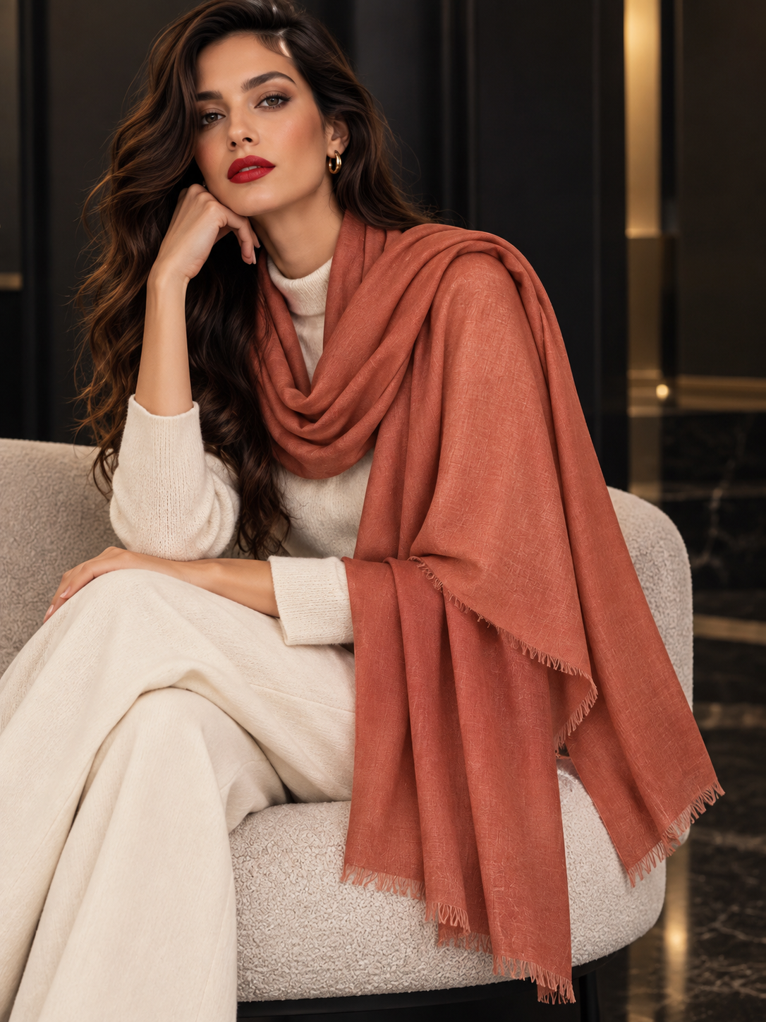 A woman sits on a light gray upholstered chair wearing a large rust-orange shawl over a cream sweater and cream pants in an indoor setting with dark wood paneling.