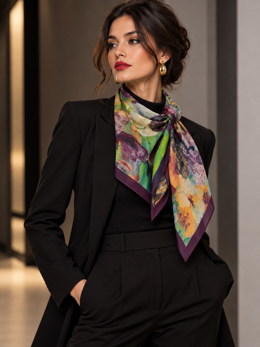 A woman wearing a black tailored suit and a colorful patterned silk scarf with purple, green, yellow, and orange tones, posed in a modern indoor hallway.