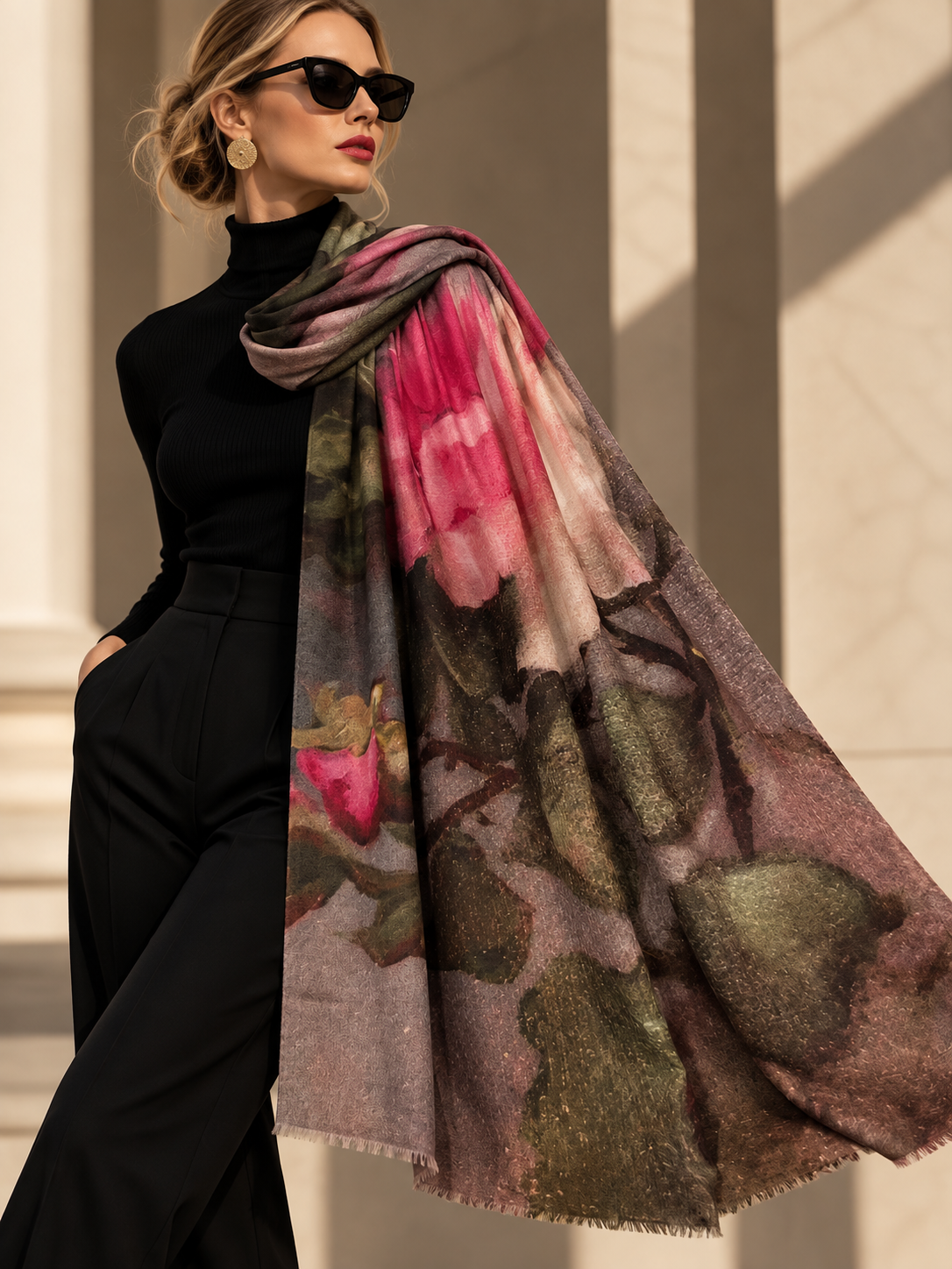 A woman wearing a black turtleneck and trousers models a large floral scarf with pink, green, and brown watercolor-style print against a sunlit beige architectural background.