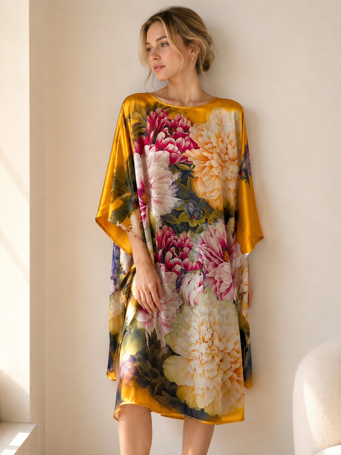 "Pure silk tunic with painterly yellow sunflower and leaf print on ivory ground — relaxed batwing fit, editorial lifestyle shot"