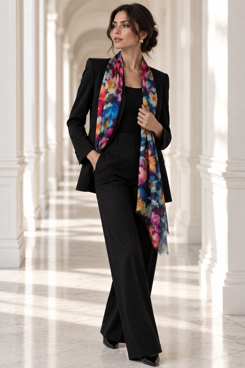 A woman stands in a bright, sunlit hallway wearing a black tailored blazer and wide-leg trousers, with a vibrant multicolor floral scarf draped around her neck.