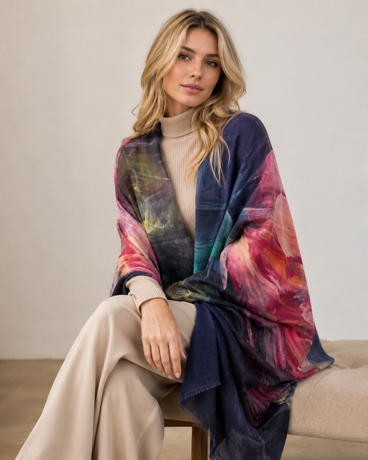 A woman sits on a beige bench wearing a large abstract-print shawl draped over her shoulders. The shawl features a mix of navy blue, magenta, pink, purple, and teal in a painterly pattern.