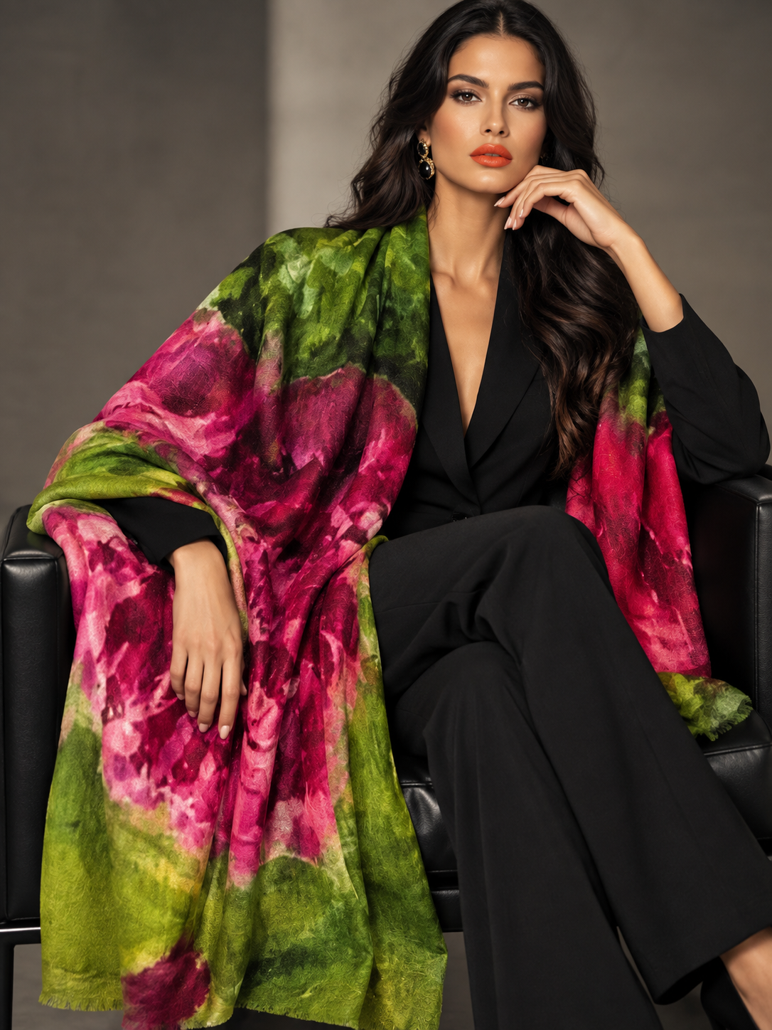 A woman seated in a black chair wearing a black outfit and draped over her shoulders is a large watercolor-style shawl or wrap in vivid green and magenta pink tones.