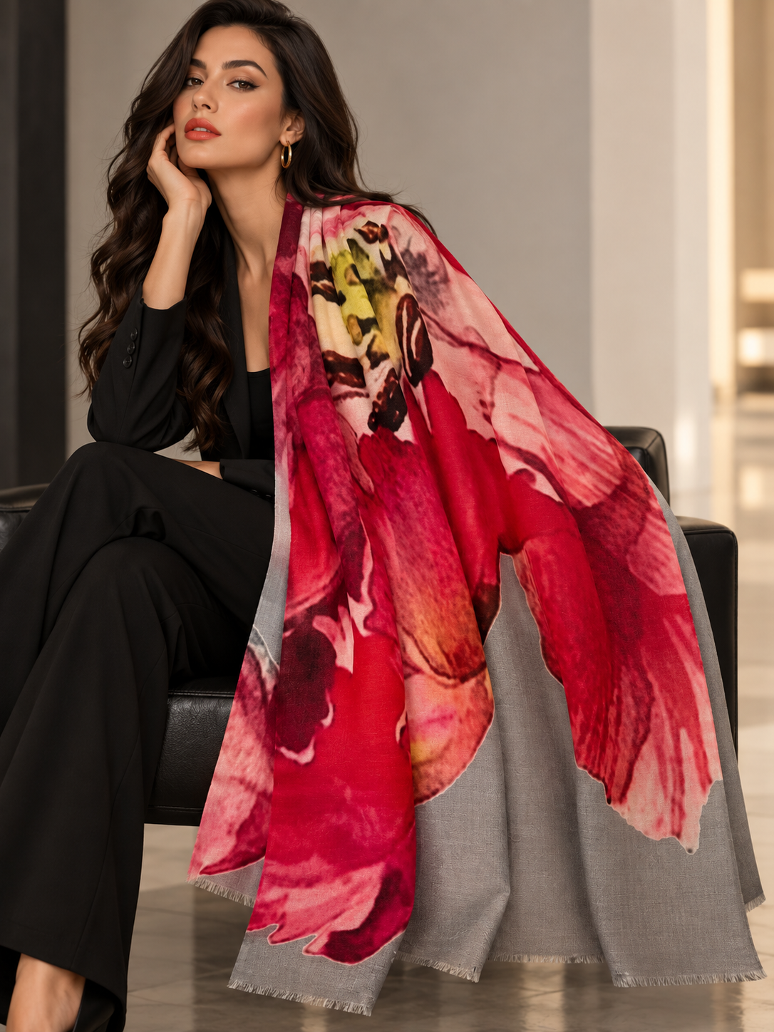 A woman seated indoors wearing a large floral shawl draped over her shoulders. The shawl has a bold watercolor-style print with red, pink, orange, and yellow tones over a light gray base, paired with a black outfit.