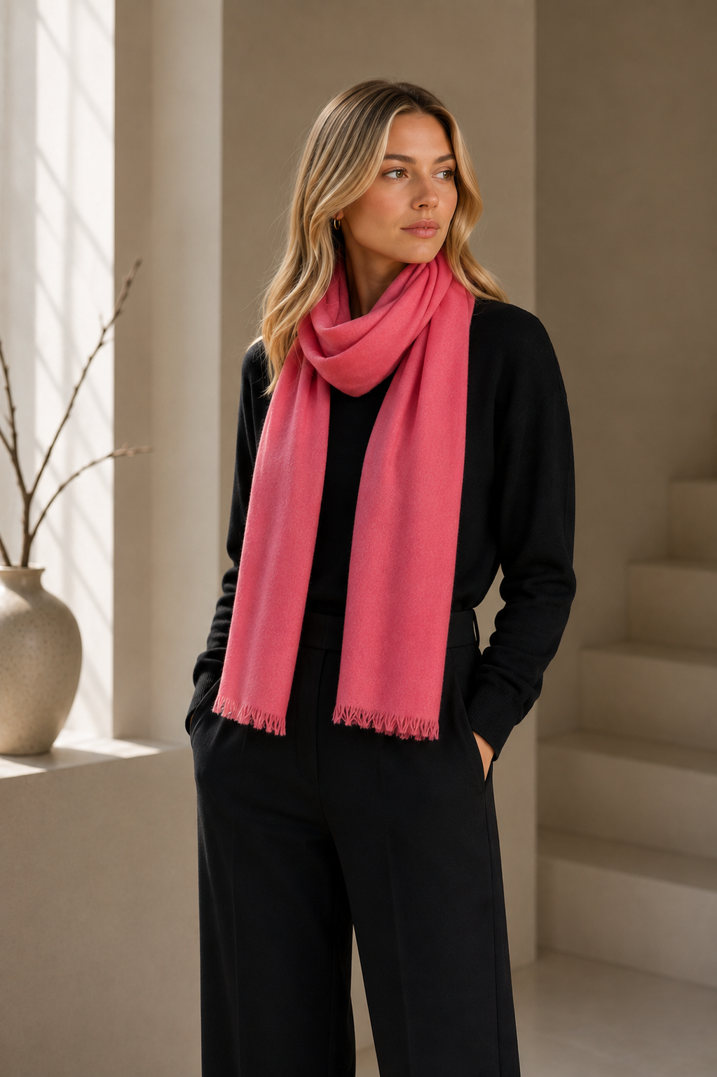 A woman wearing a bright pink cashmere scarf which is handwoven