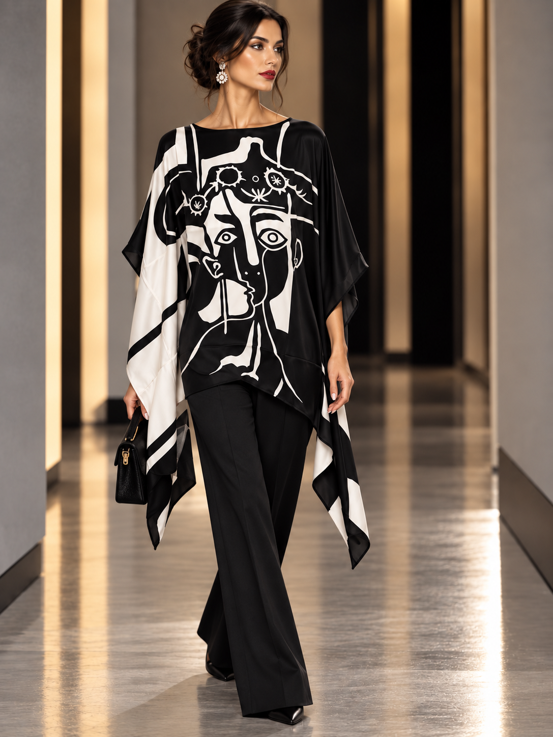 A model walks down a runway wearing a black and white abstract-patterned kaftan top with black wide-leg trousers, holding a small black handbag.